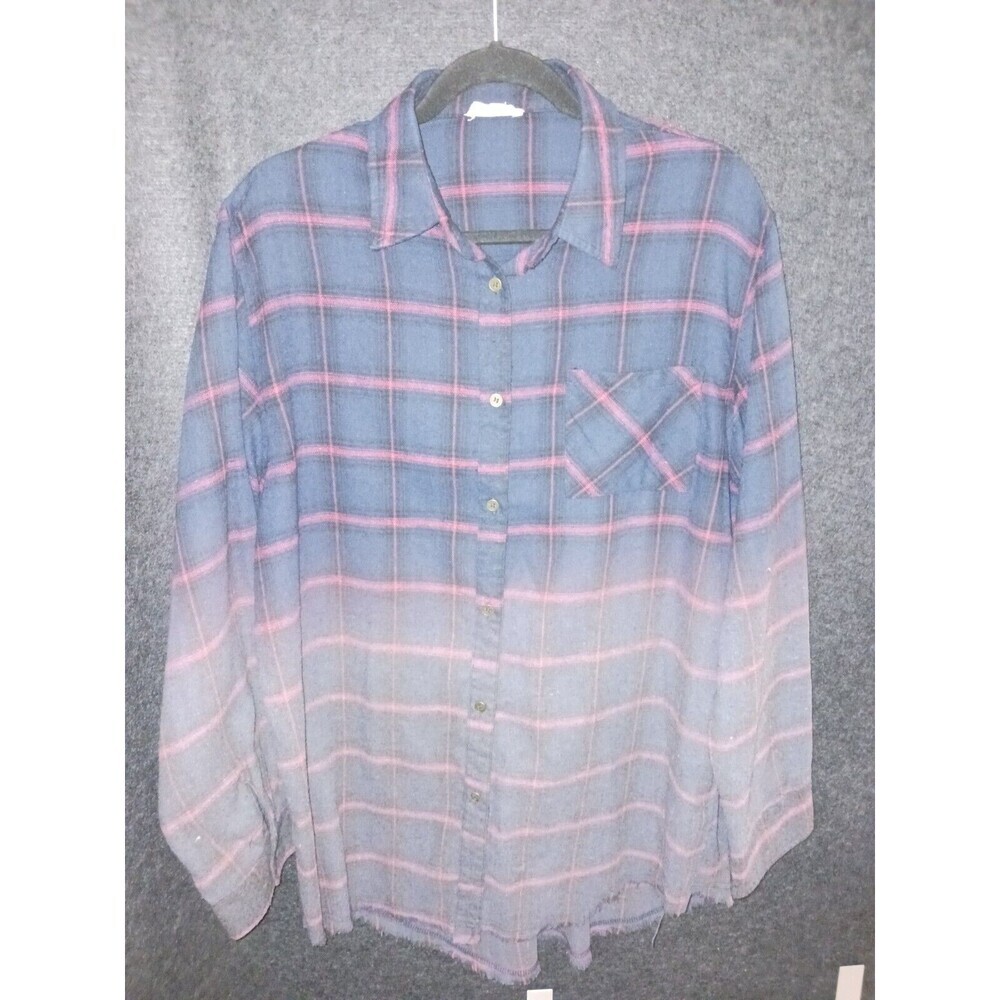 LA MIEL Women's FLANNEL OMBRE Large Shirt Blue Red Plaid Fringe Hem Metal Button